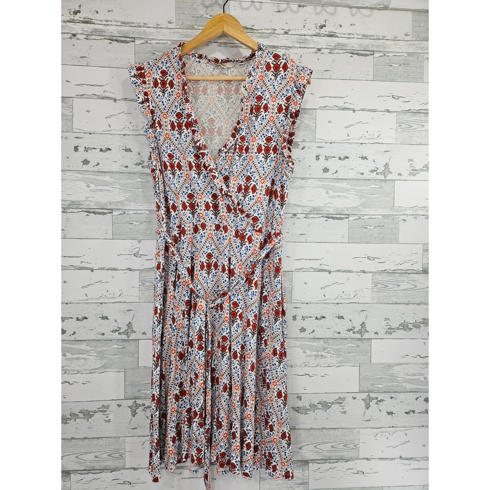 Boden Women Red Blue Floral Block Print Wrap Midi Dress Sleeveless Size 20/22L